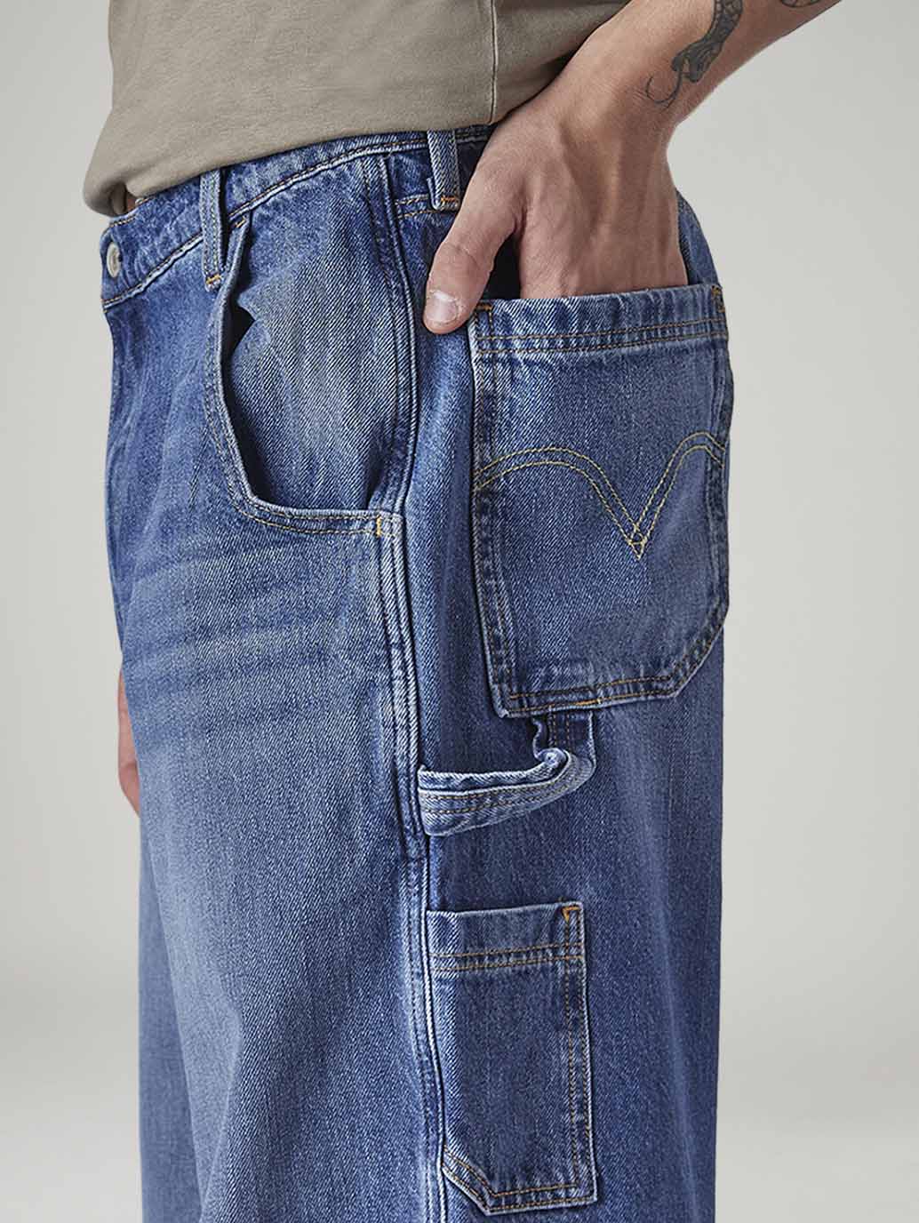 Men's Med Indigo Extra Baggy Fit Mid Rise Utility Jeans - 20 View