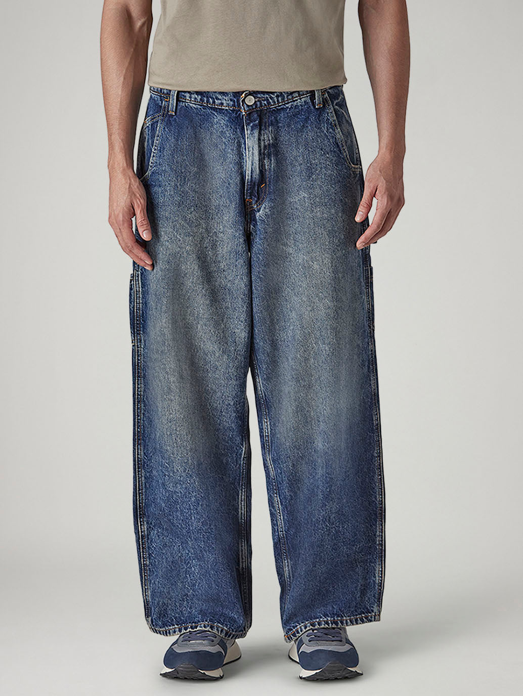 Men's Blue Extra Baggy Fit Mid Rise Selvedge Jeans - Front View