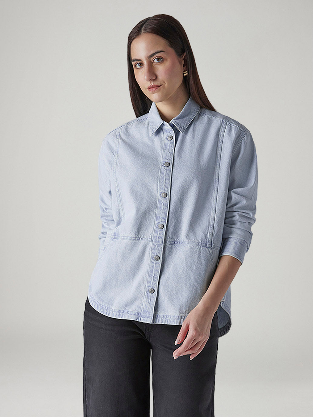 Women's Solid Relaxed Fit Denim Shirt - Front View