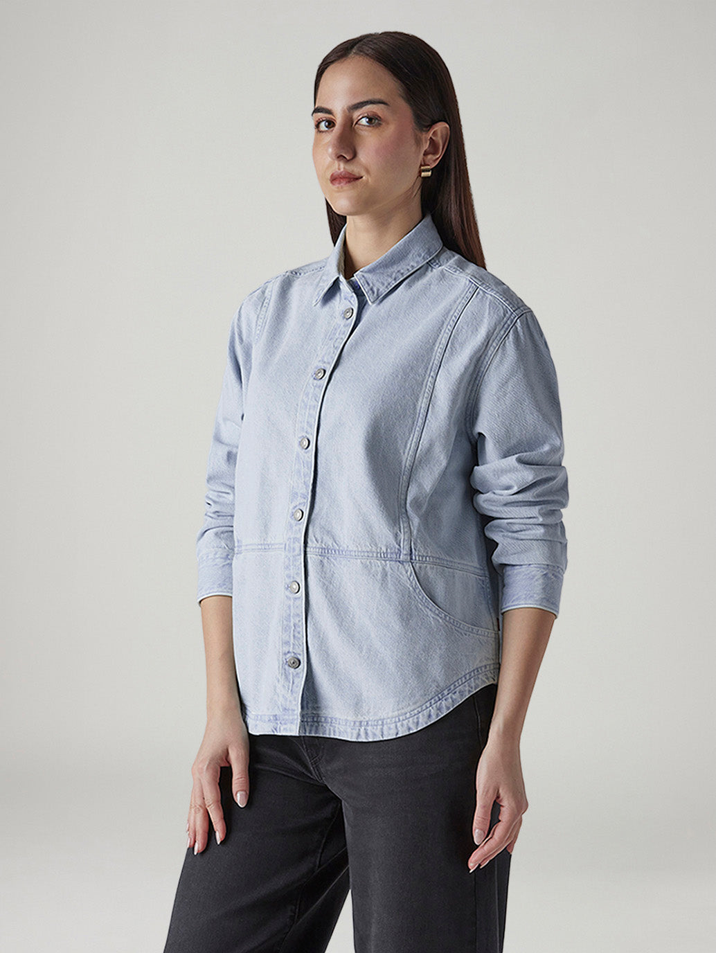 Women's Solid Relaxed Fit Denim Shirt - Side View