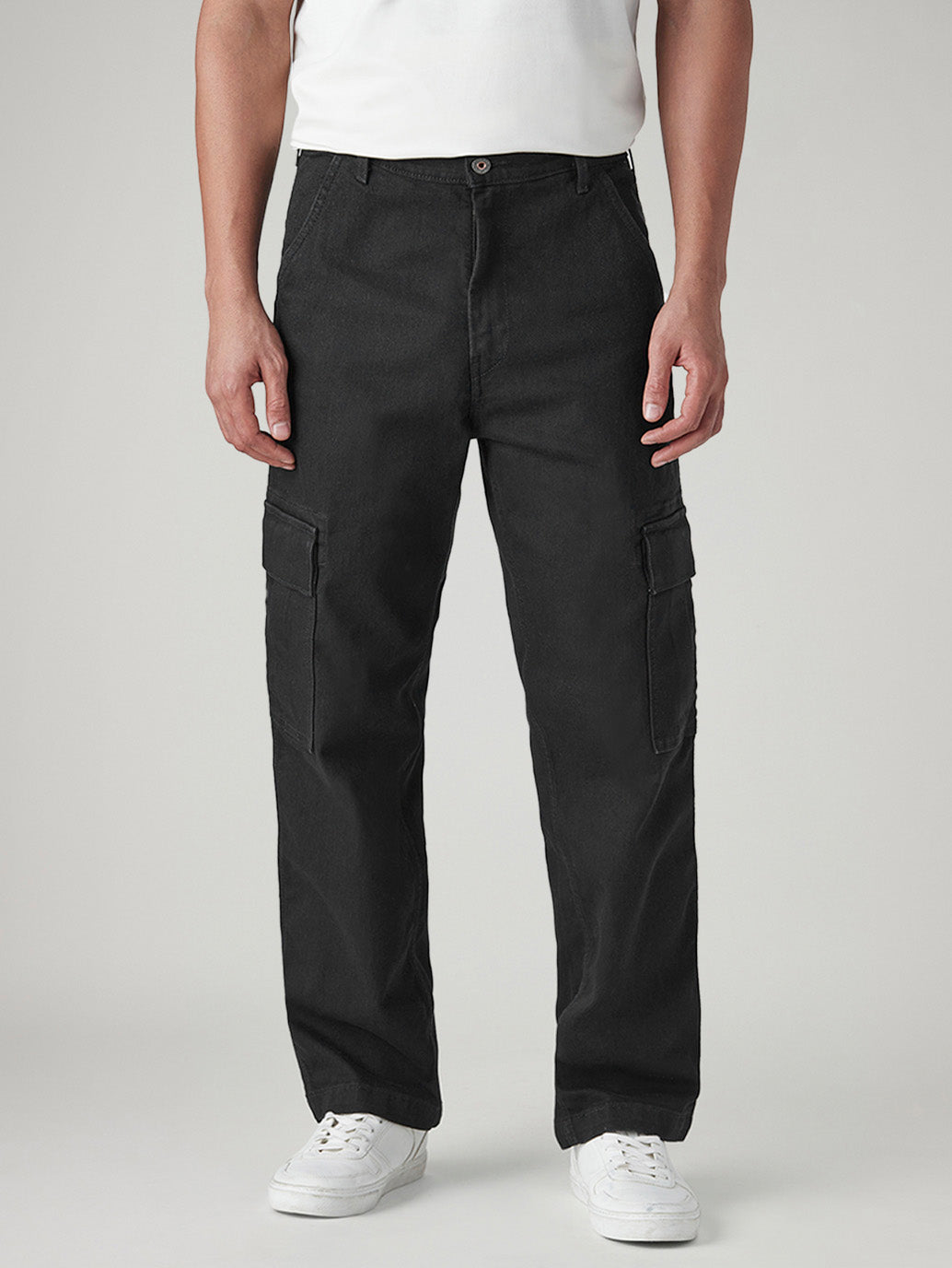 Men's 568 Black Loose Fit Mid Rise Cargos - Front View