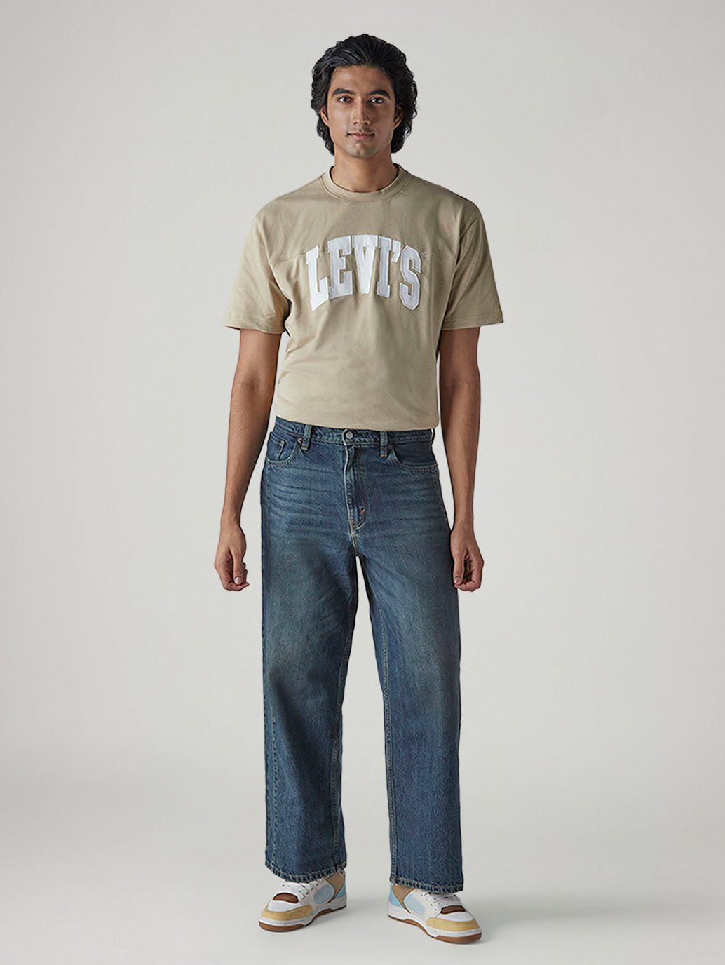 Men's Tinted Dark Indigo Extra Baggy Fit Mid Rise Jeans - Front View