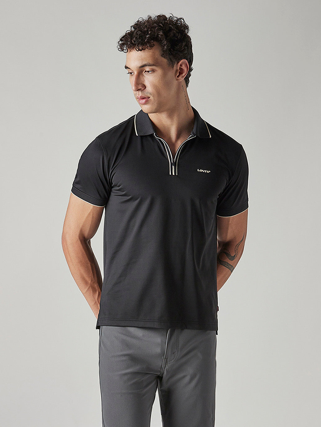 Men's Solid Black Tech Polo T-shirt - Styleshot View