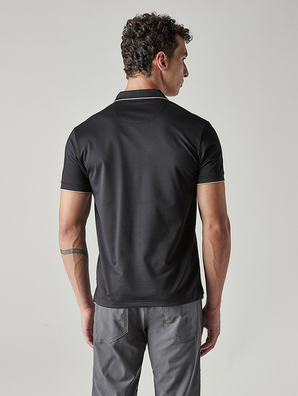 Men's Solid Black Tech Polo T-shirt - Back View