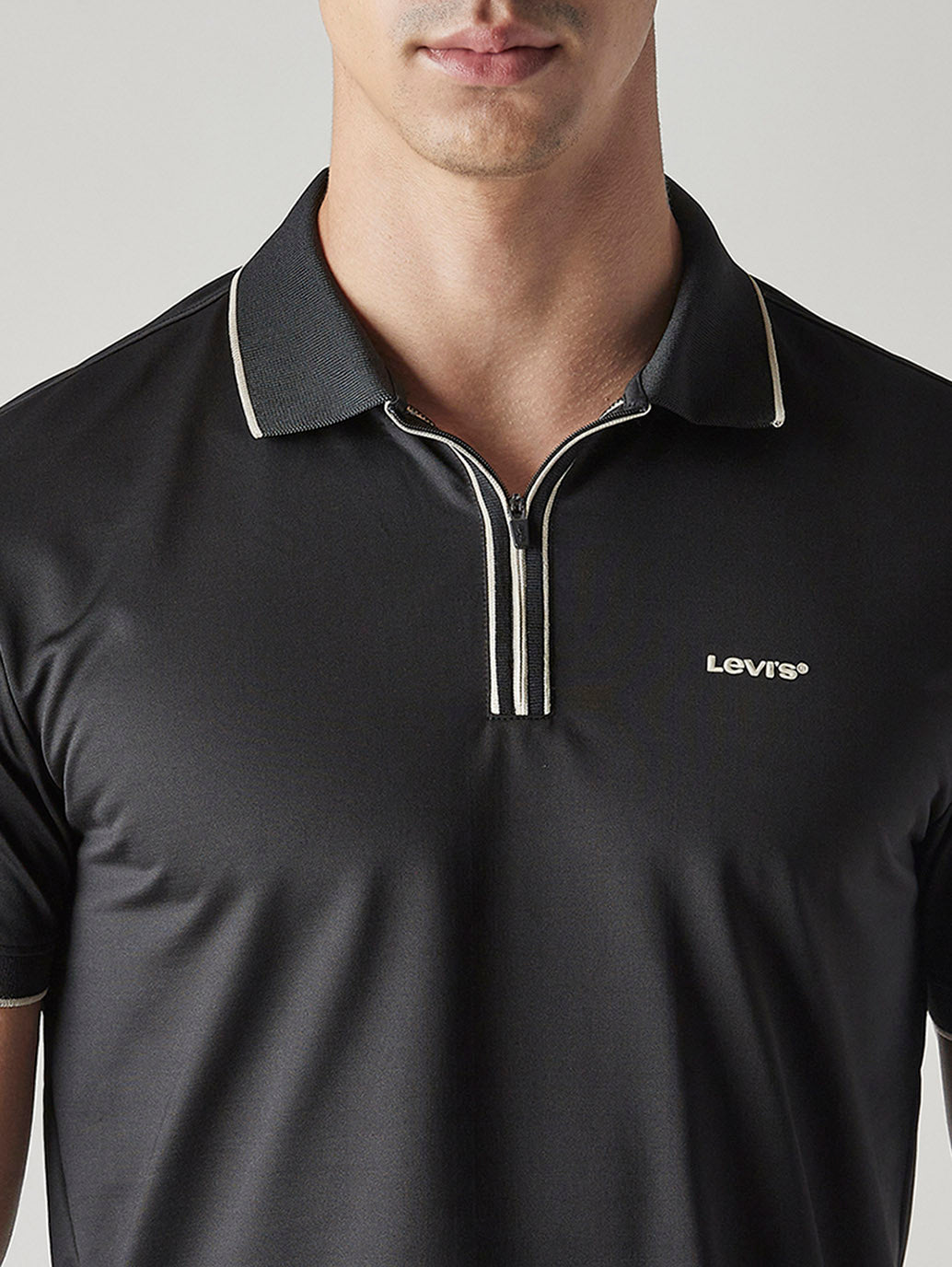 Men's Solid Black Tech Polo T-shirt - Detail View