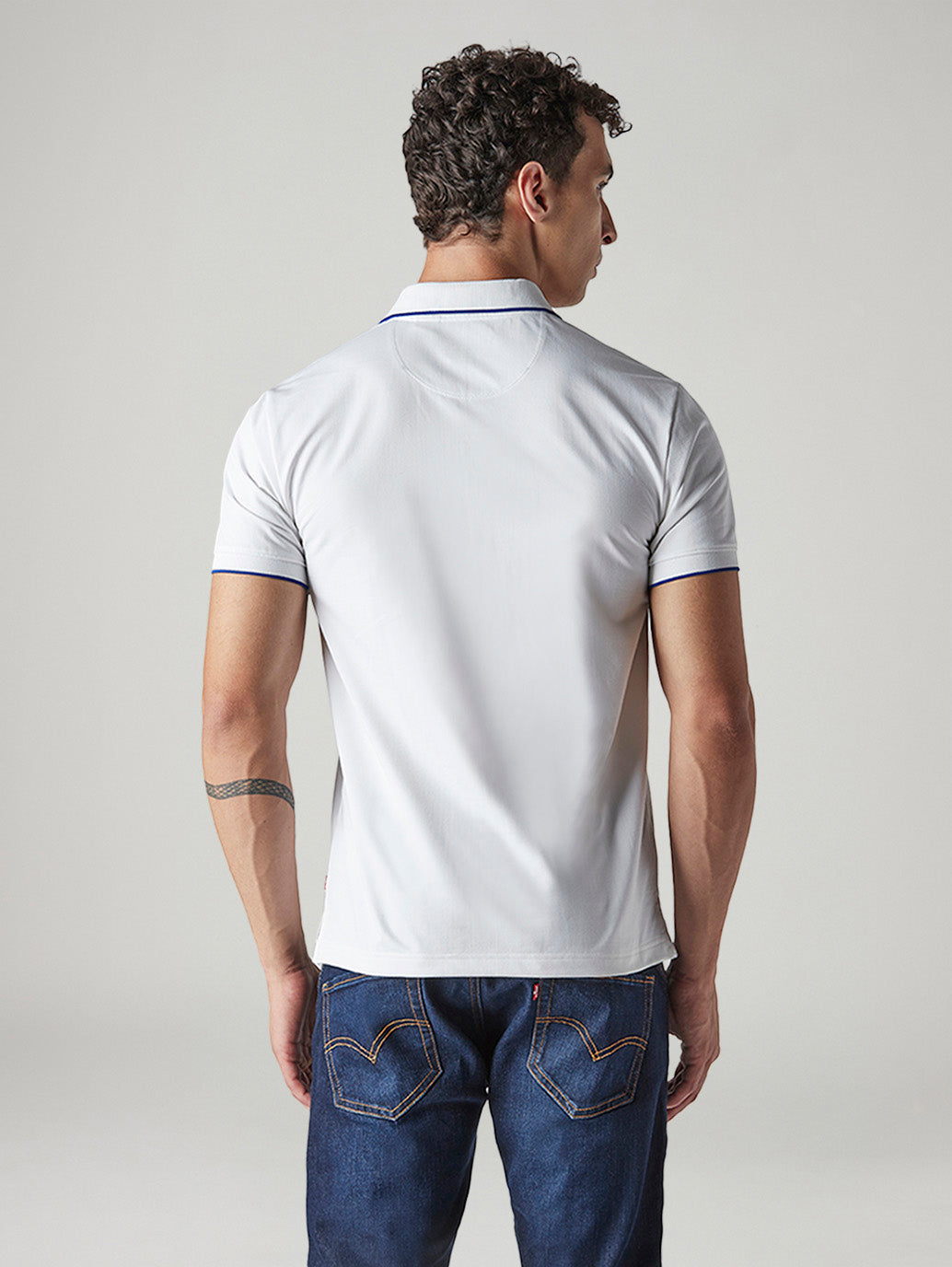 Men's Solid White Tech Polo T-shirt - Back View