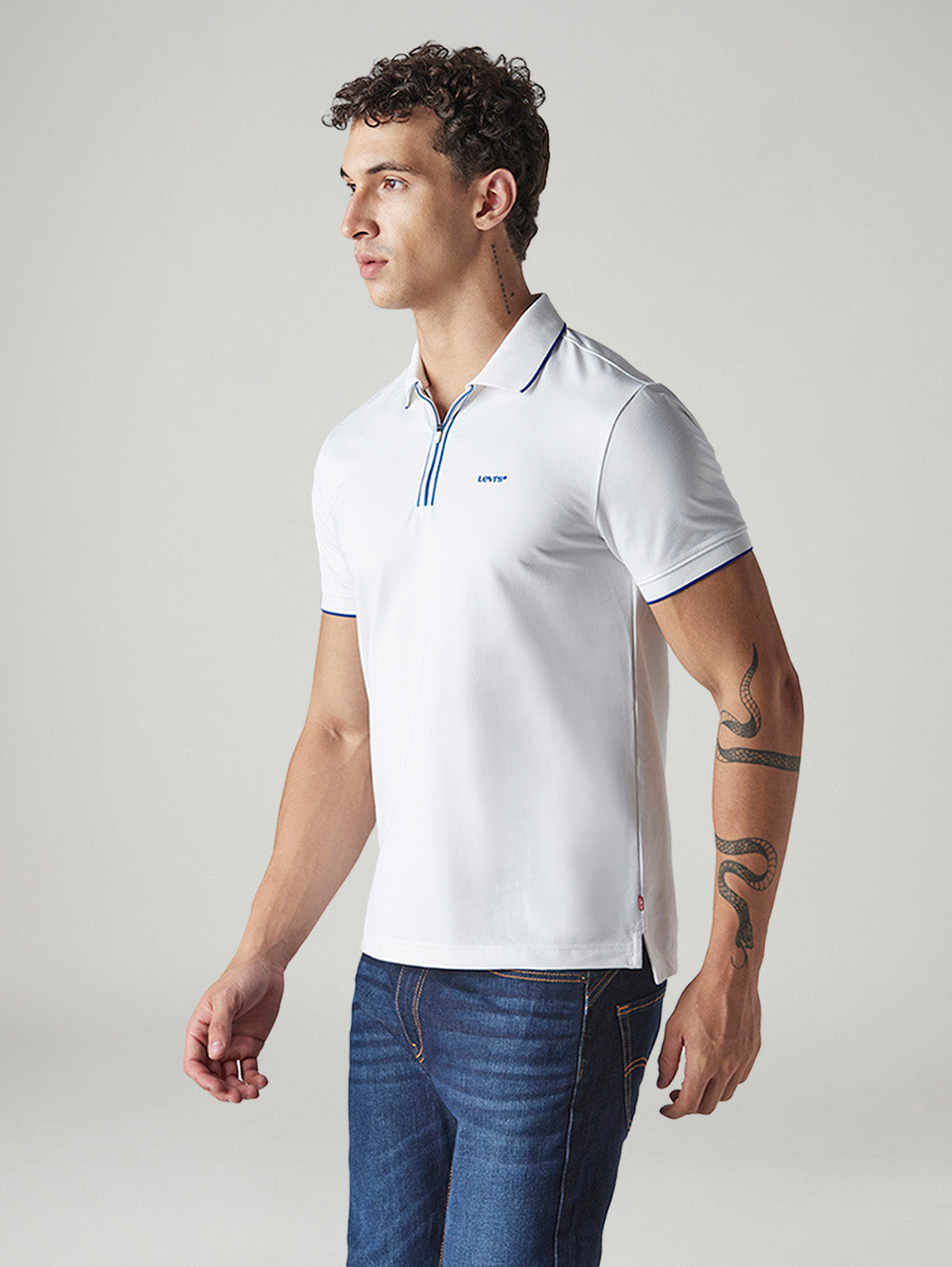 Men's Solid White Tech Polo T-shirt - Side View