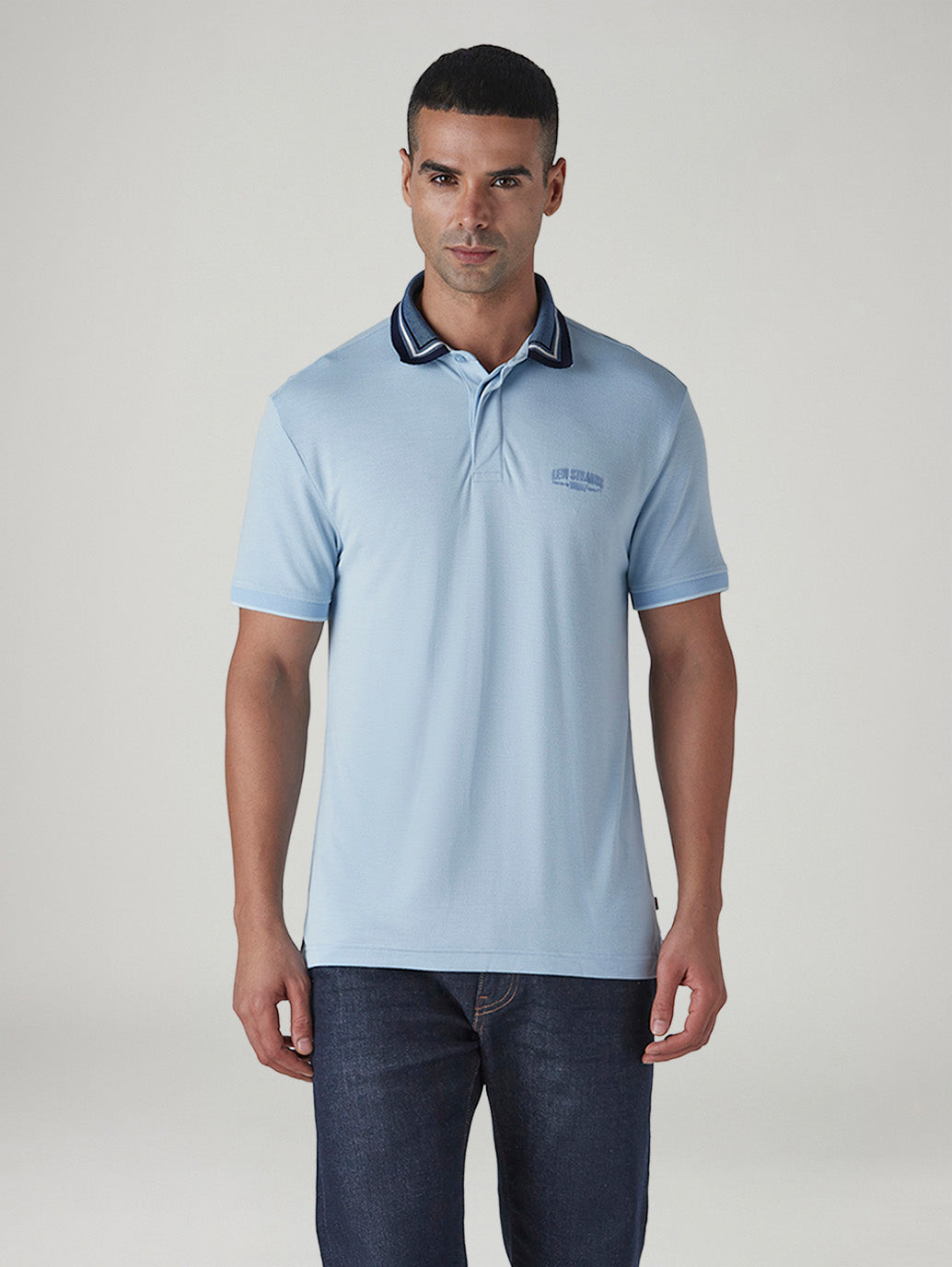 Men's Colorblock Light Blue Tech Pique Polo T-shirt - Front View