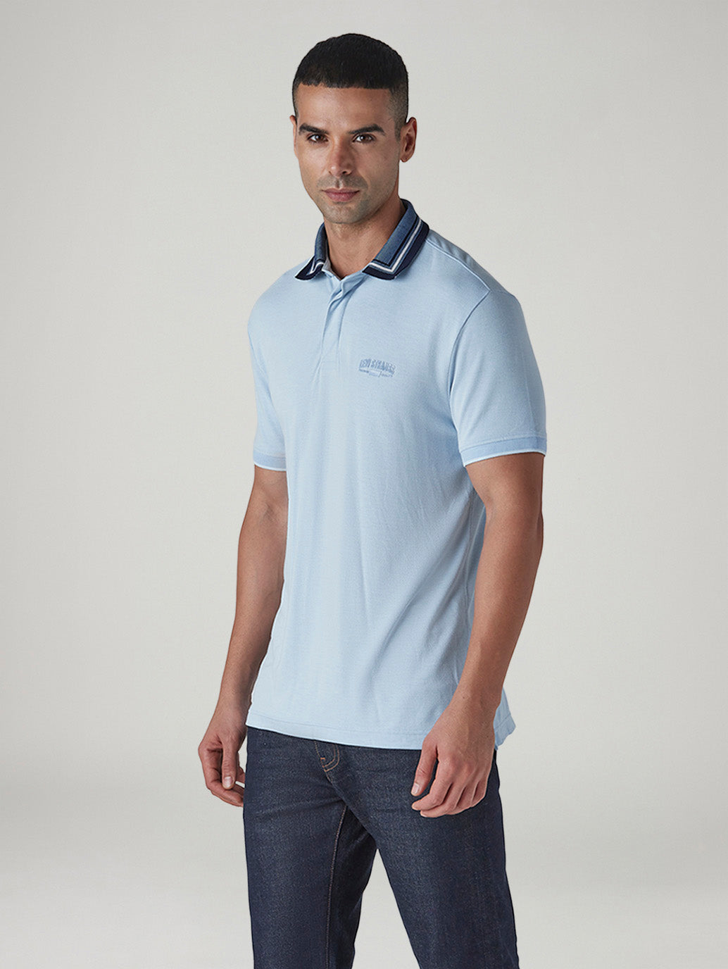 Men's Colorblock Light Blue Tech Pique Polo T-shirt - Side View