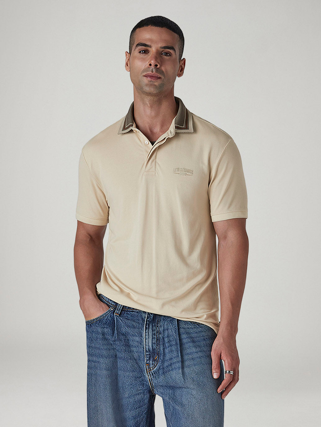 Men's Colorblock Beige Tech Pique Polo T-shirt