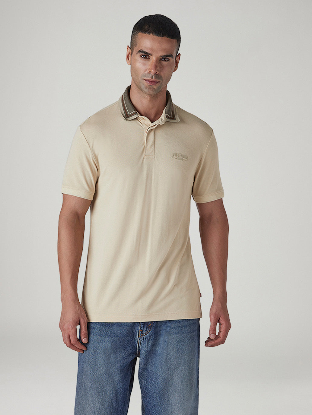 Men's Colorblock Beige Tech Pique Polo T-shirt - Front View