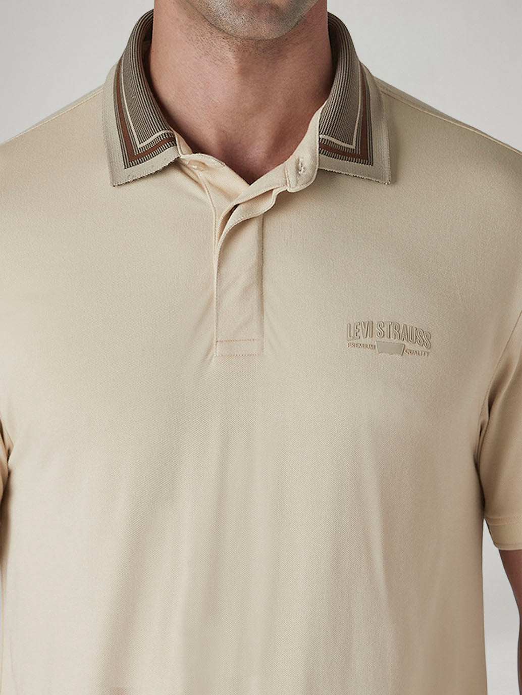 Men's Colorblock Beige Tech Pique Polo T-shirt - Detail View