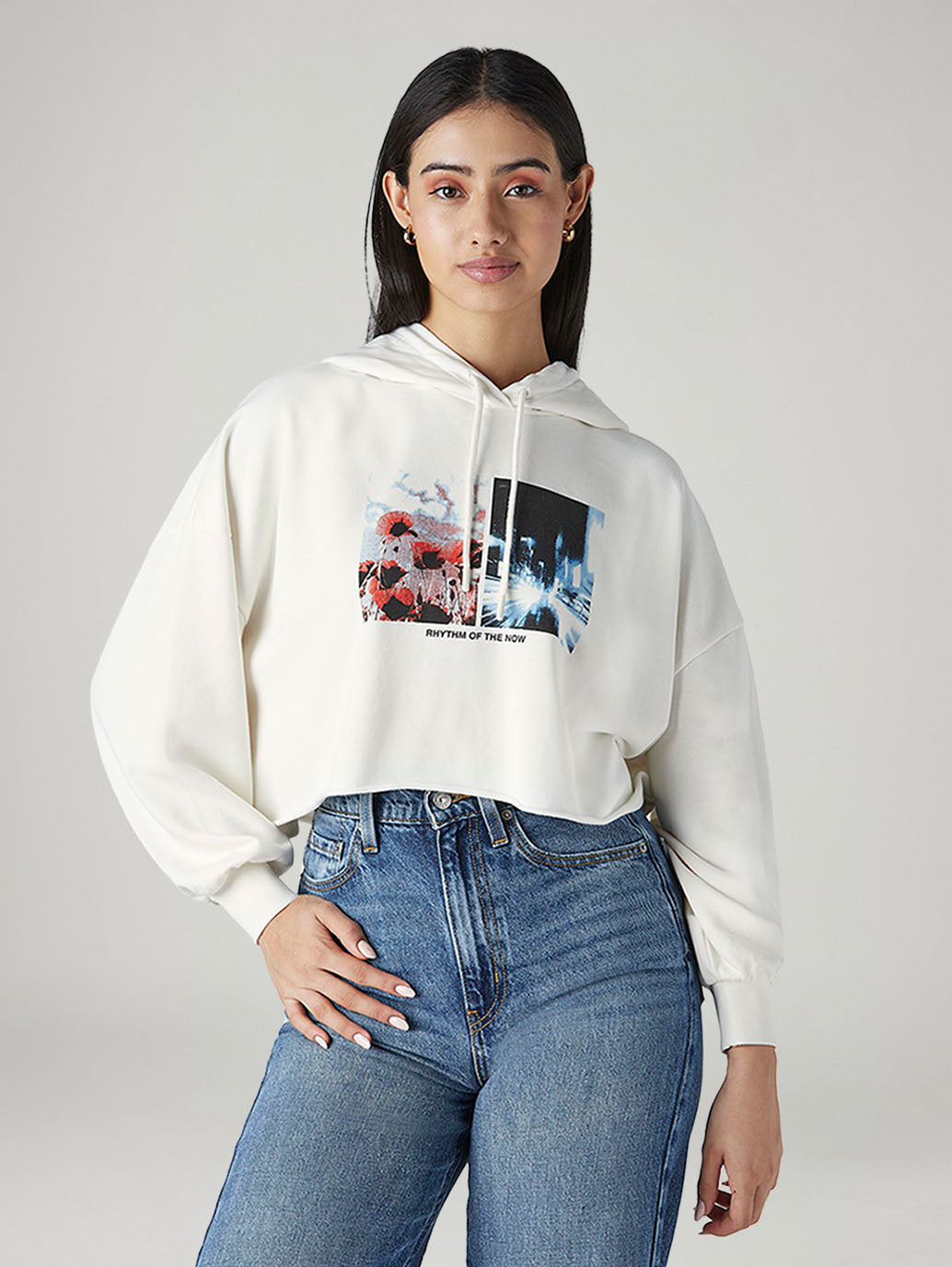 Women's Graphic Print White Hooded Sweatshirt