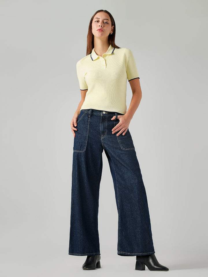 Women's Dark Blue XL Straight Loose Fit Mid Rise Cargo Jeans
