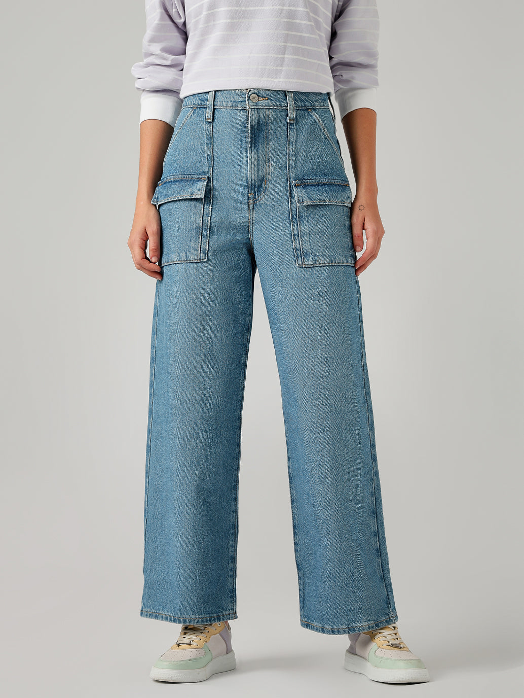 Women's Blue Loose Fit High Rise Cargo Jeans - Front View