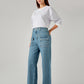 Women's Blue Loose Fit High Rise Cargo Jeans - Side View