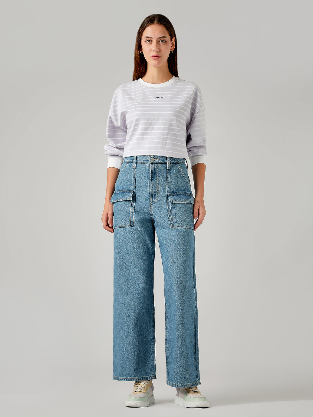 Women's Blue Loose Fit High Rise Cargo Jeans - Front View