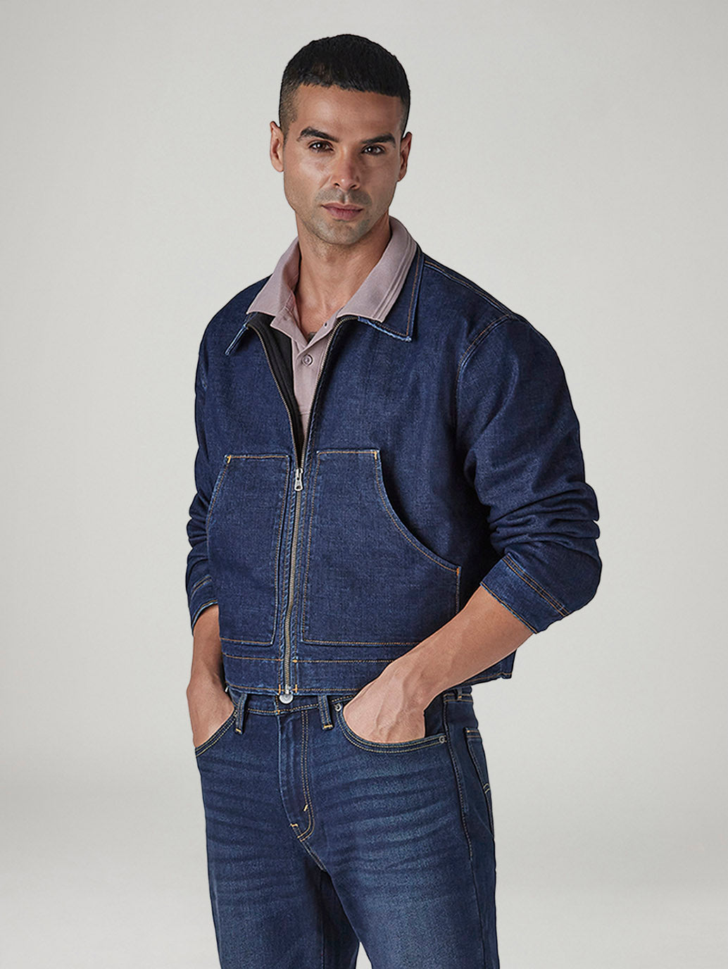 Men's Solid Regular Fit Fleece Denim Trucker Jacket