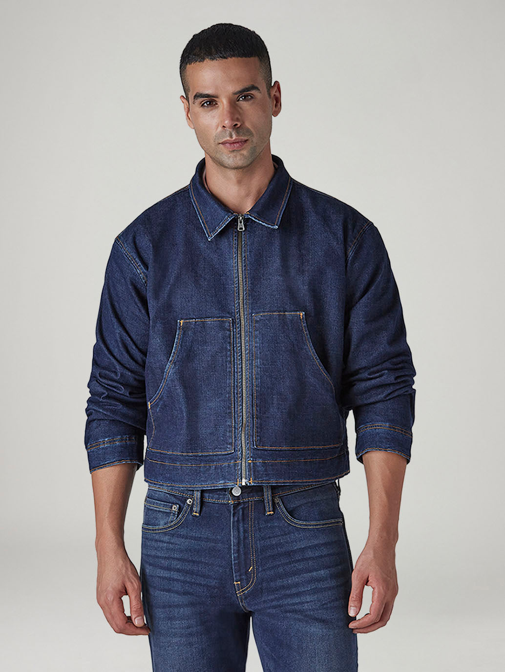 Men's Solid Regular Fit Fleece Denim Trucker Jacket - Front View