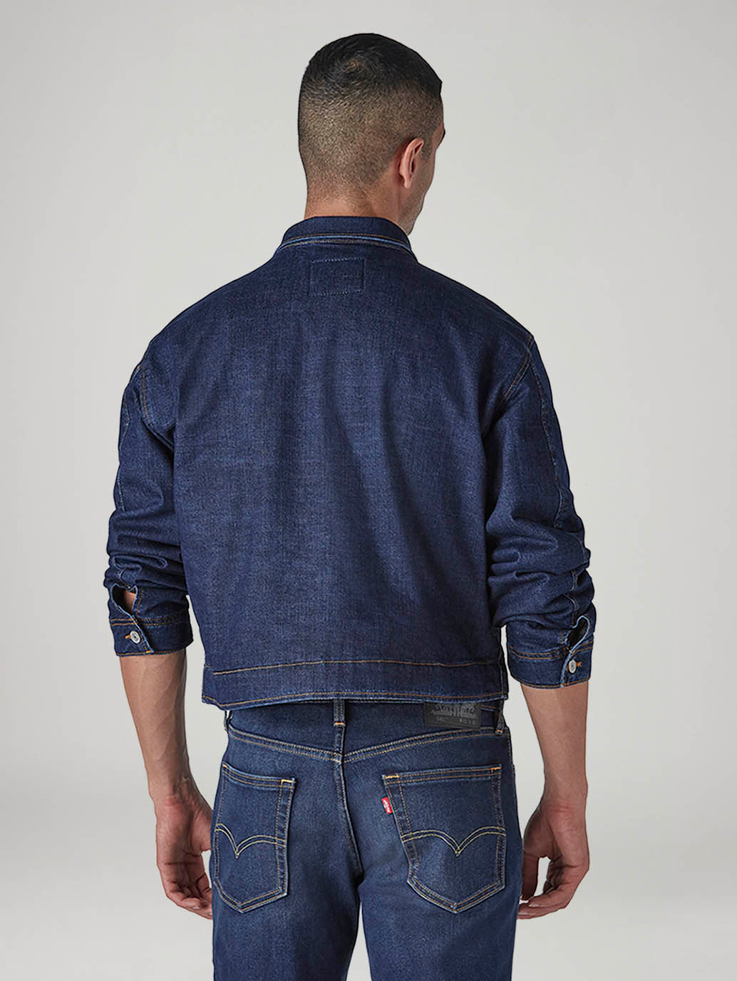 Men's Solid Regular Fit Fleece Denim Trucker Jacket - Back View