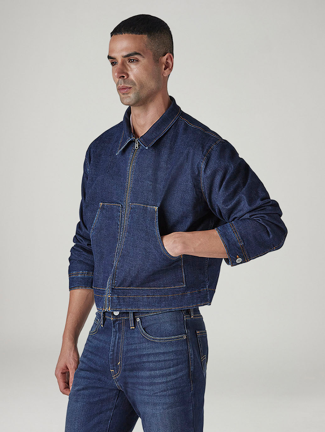 Men's Solid Regular Fit Fleece Denim Trucker Jacket - Side View