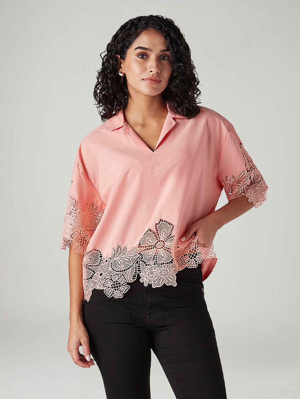 Women's Zari Peach Notched Lapel Top - Styleshot View