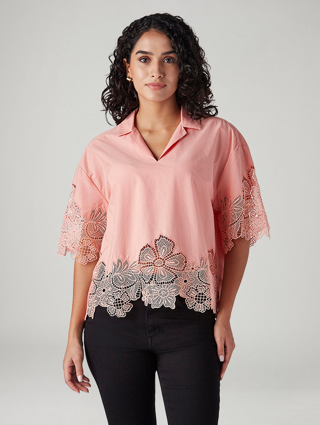 Women's Zari Peach Notched Lapel Top - Front View