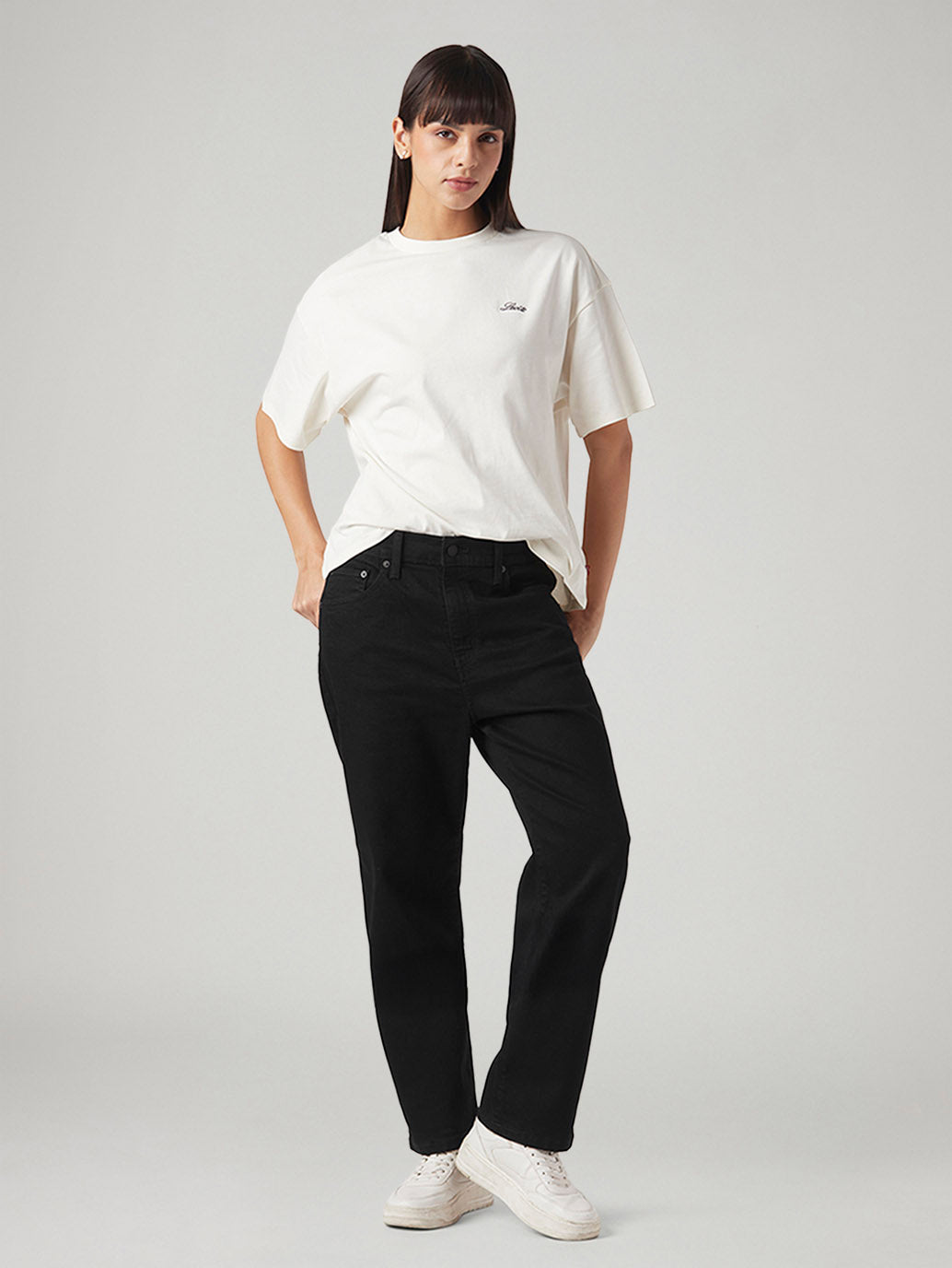 Women's Black Loose Fit Mid Rise Easy Dad Jeans - Styleshot View