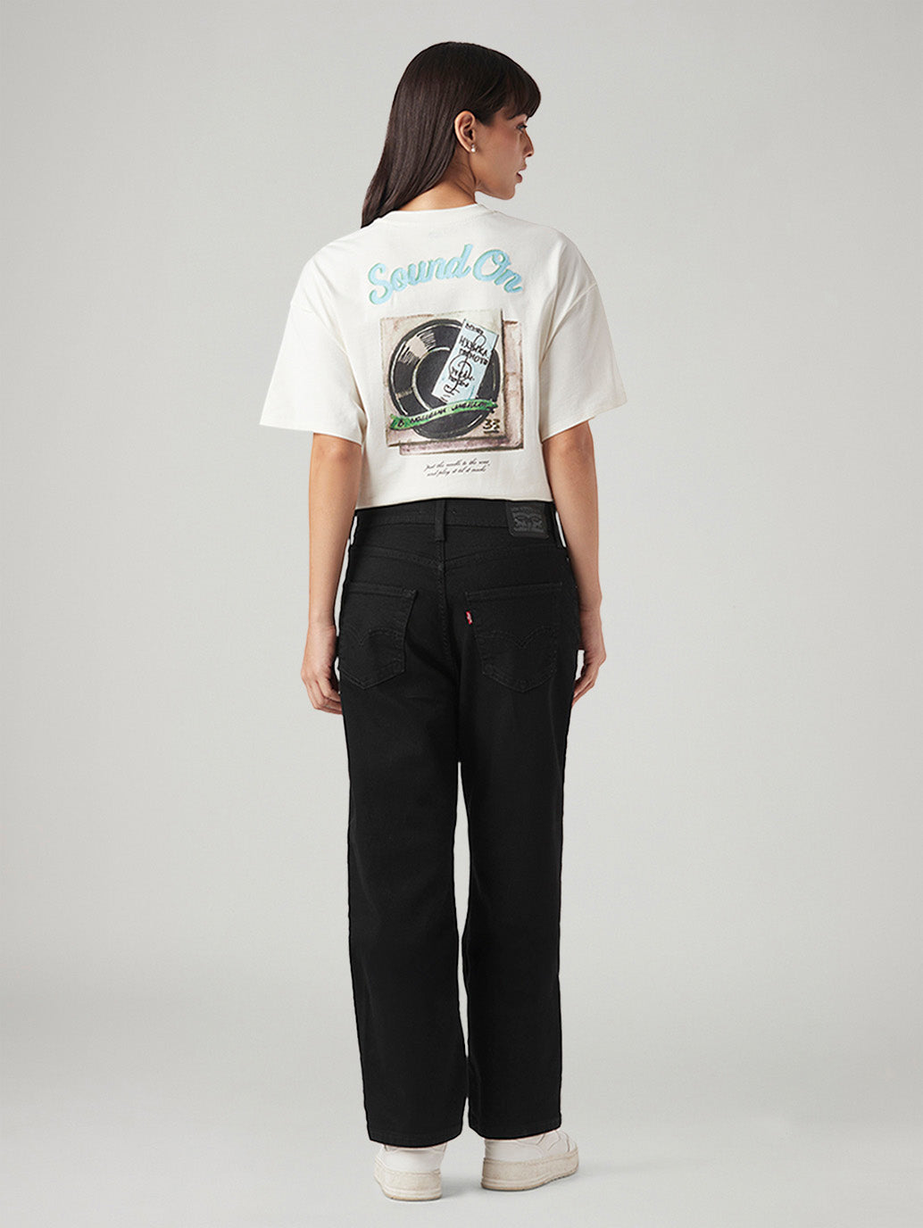 Women's Black Loose Fit Mid Rise Easy Dad Jeans - Back View