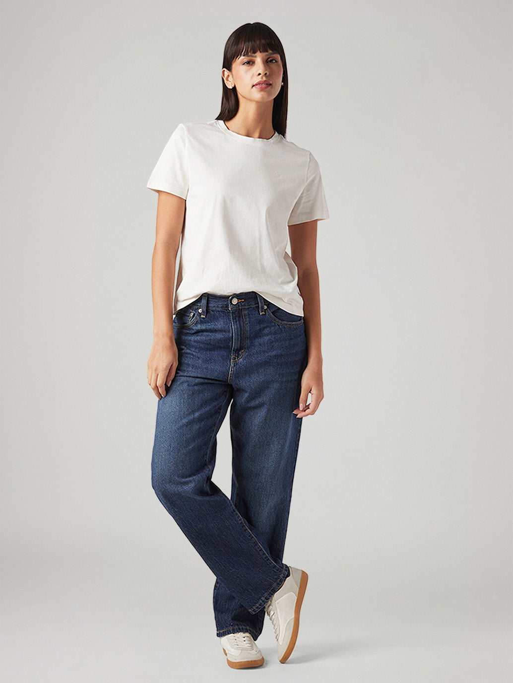 Women's Dark Blue Loose Fit Mid Rise Easy Dad Jeans