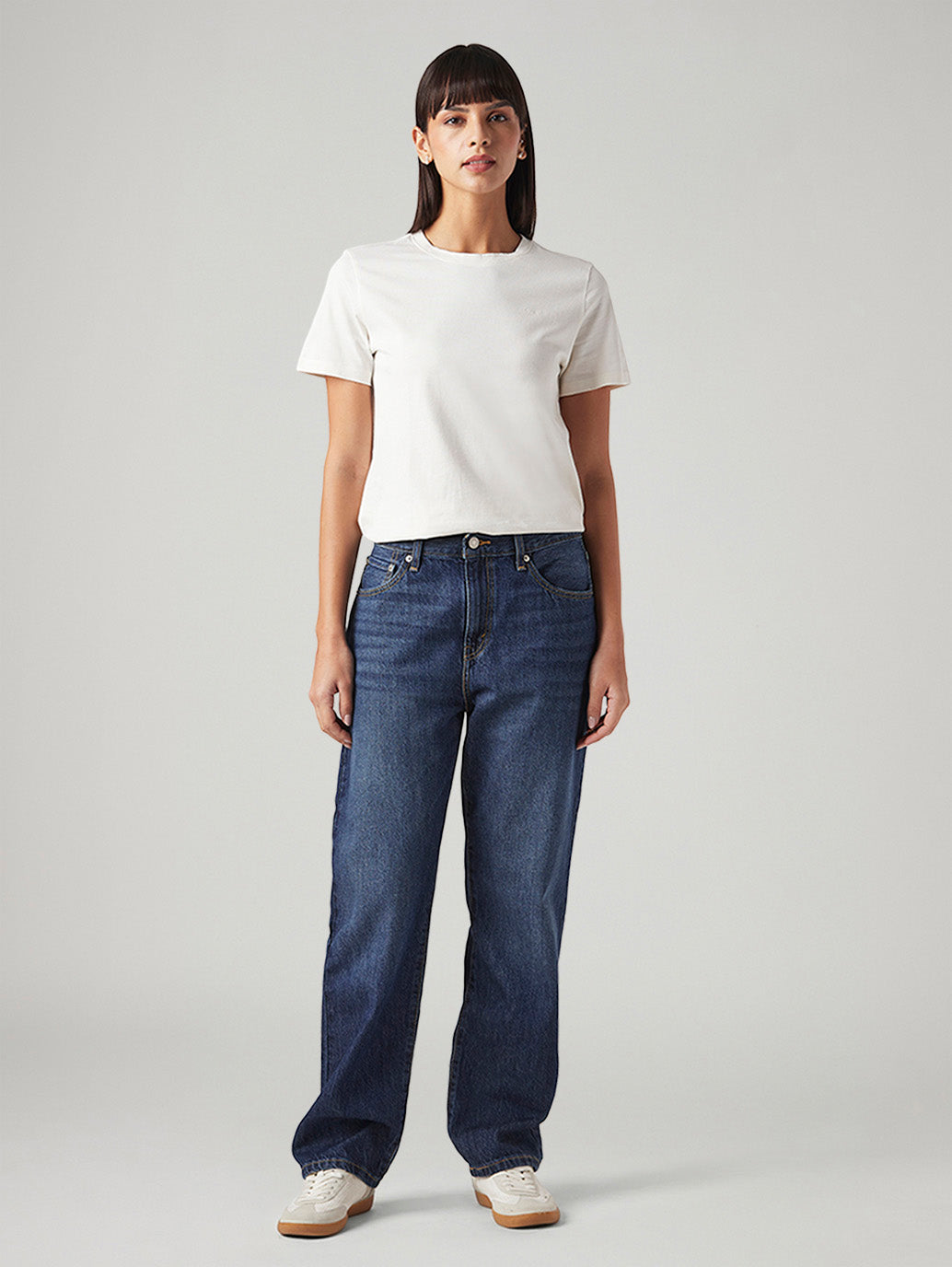 Women's Dark Blue Loose Fit Mid Rise Easy Dad Jeans - Front View