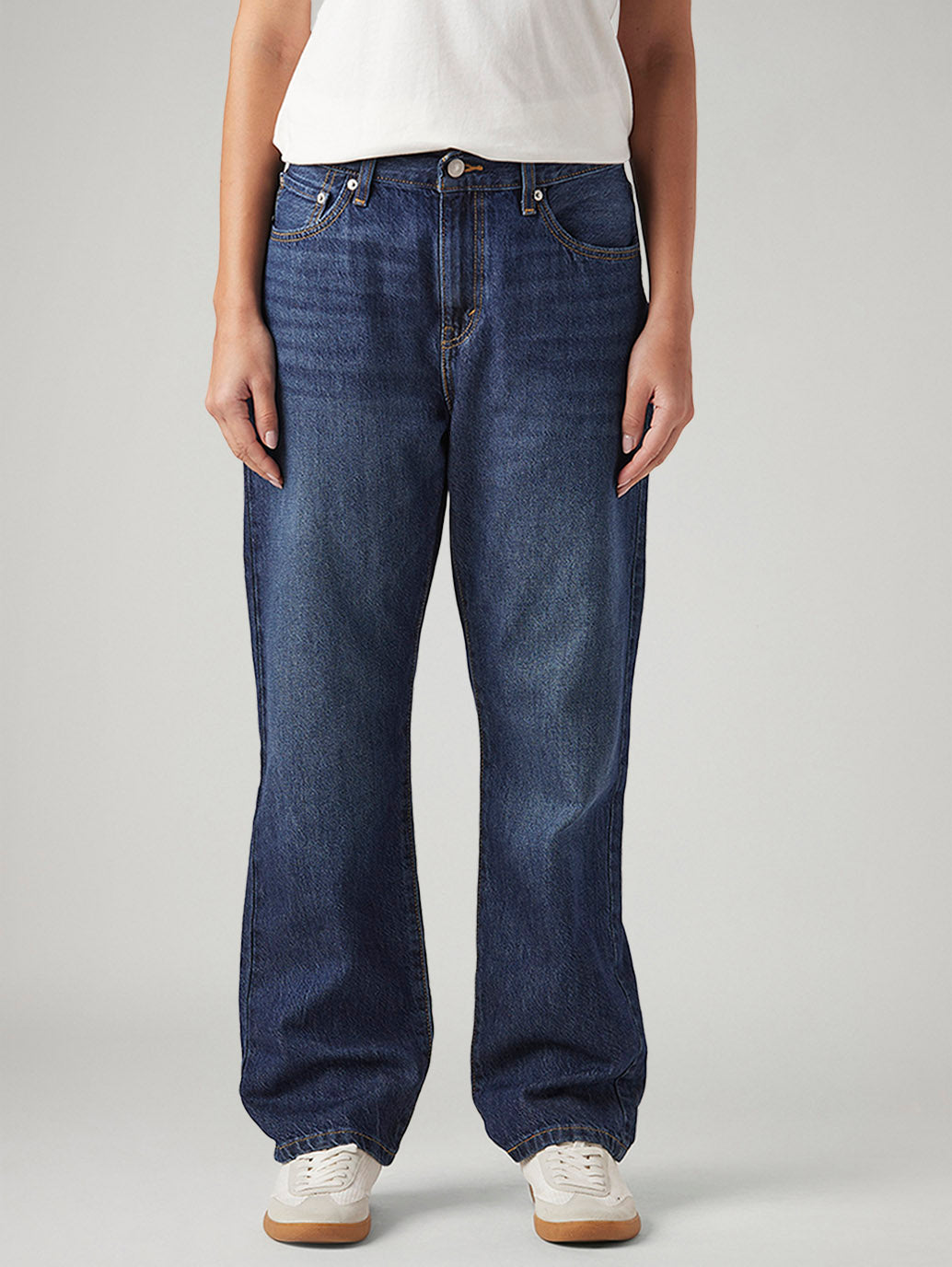 Women's Dark Blue Loose Fit Mid Rise Easy Dad Jeans - Front View