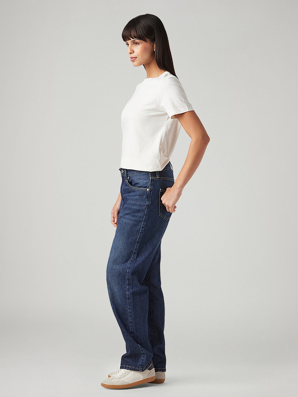 Women's Dark Blue Loose Fit Mid Rise Easy Dad Jeans - Side View