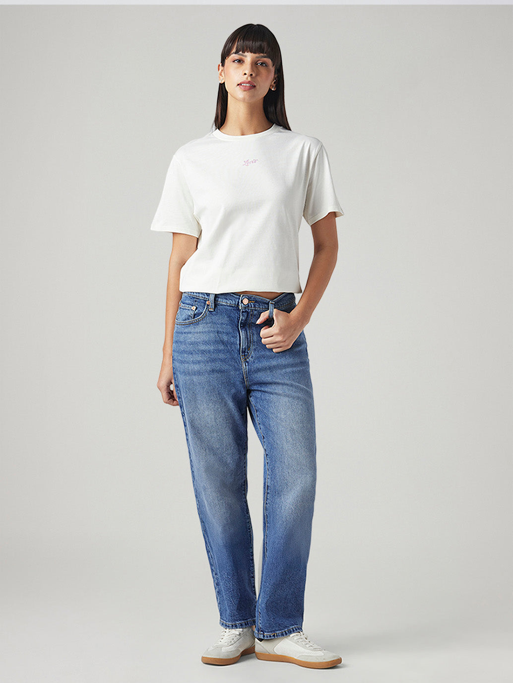 Women's Blue Loose Fit Mid Rise Easy Dad Jeans