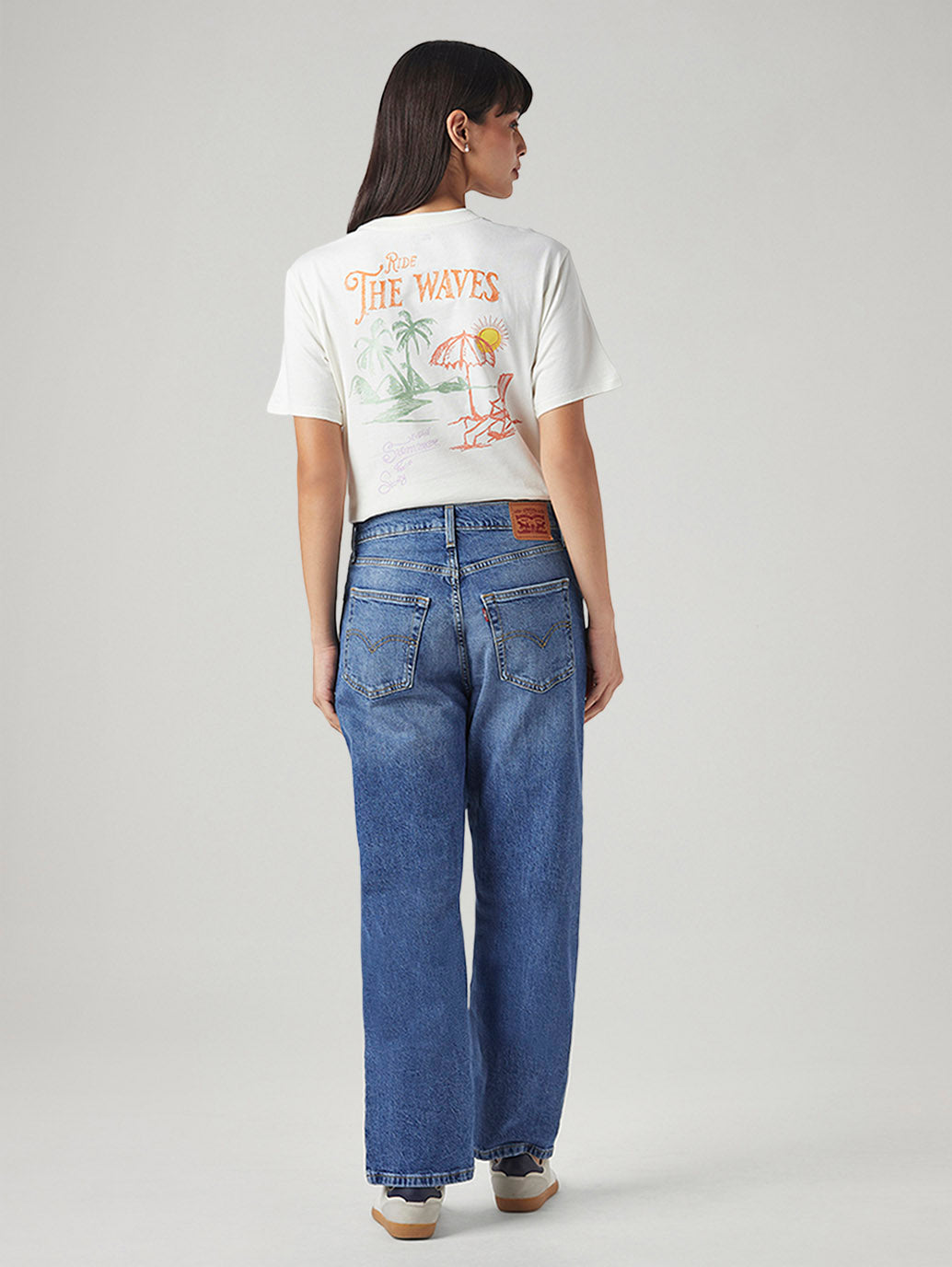 Women's Blue Loose Fit Mid Rise Easy Dad Jeans - Back View