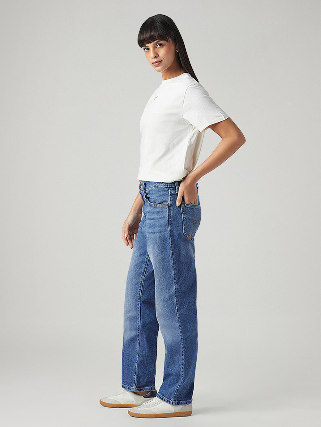 Women's Blue Loose Fit Mid Rise Easy Dad Jeans - Side View