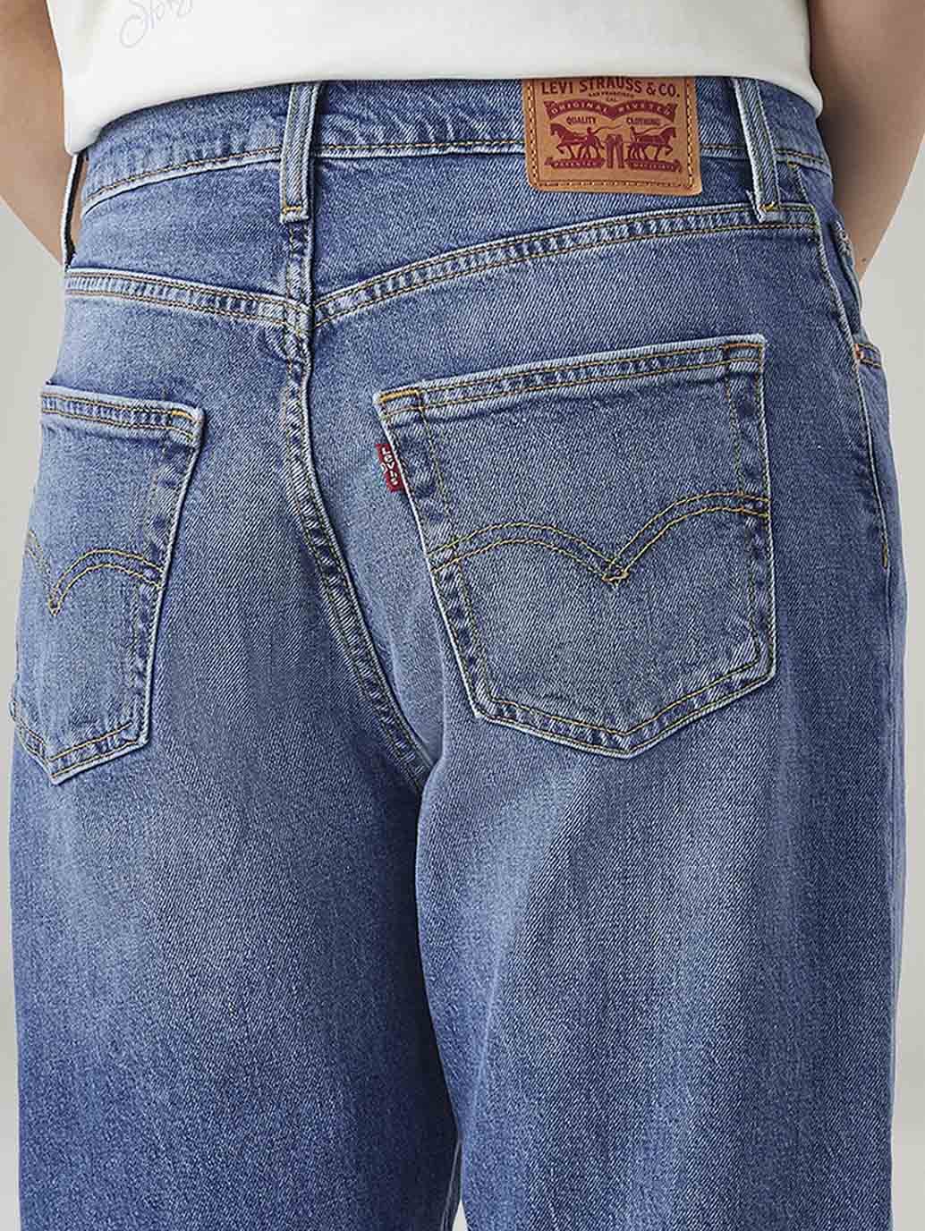 Women's Blue Loose Fit Mid Rise Easy Dad Jeans - Detail View