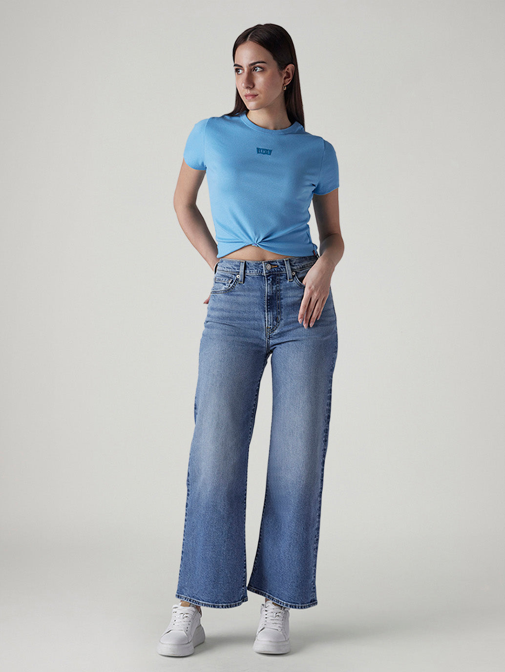 Women's Light Indigo Baggy Fit High Rise Redloop Cinched Jeans - Front View