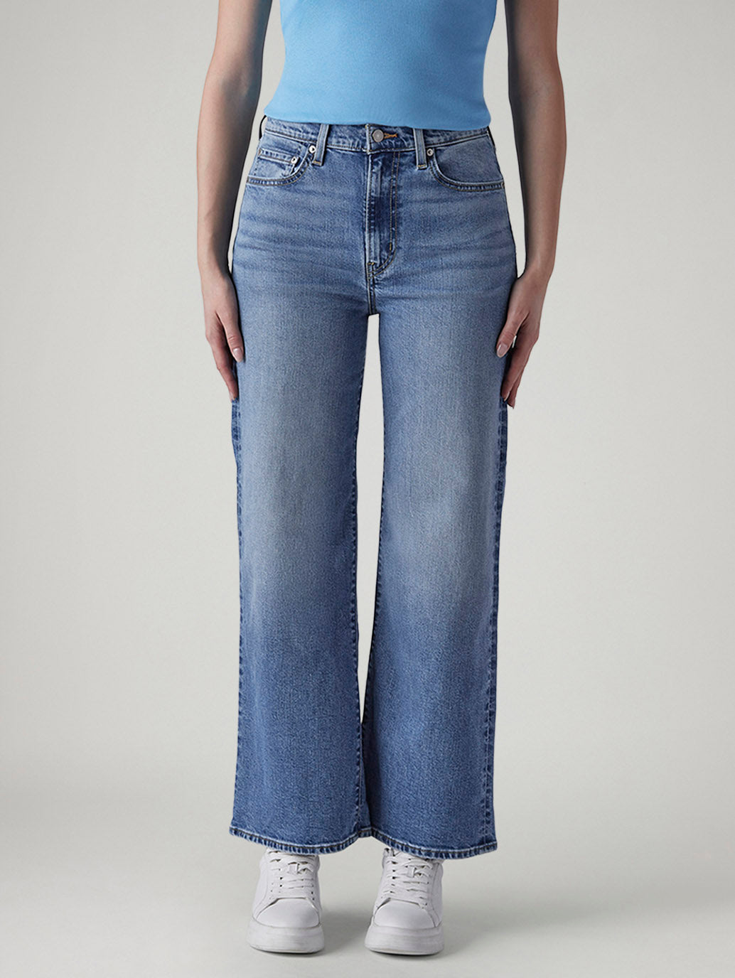 Women's Light Indigo Baggy Fit High Rise Redloop Cinched Jeans - Front View