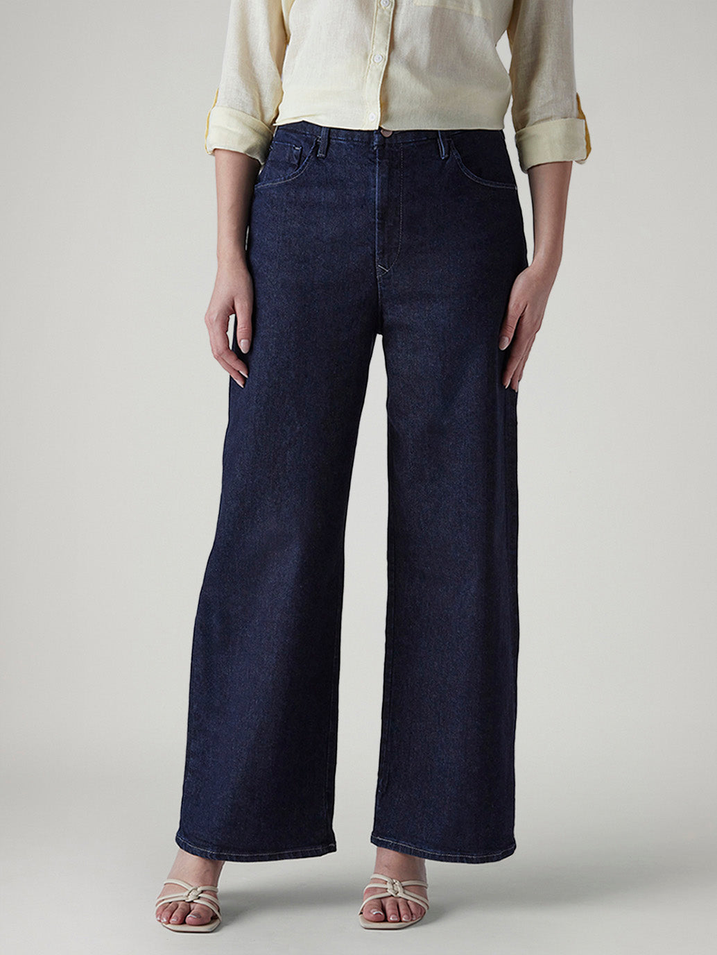 Women's Dark Indigo Baggy Fit High Rise Redloop Cinched Jeans - Front View