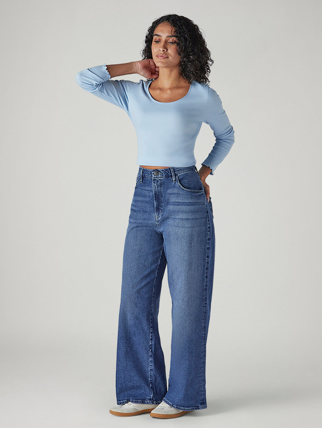 Women's Med Indigo Baggy Fit High Rise Cinched Jeans - Side View