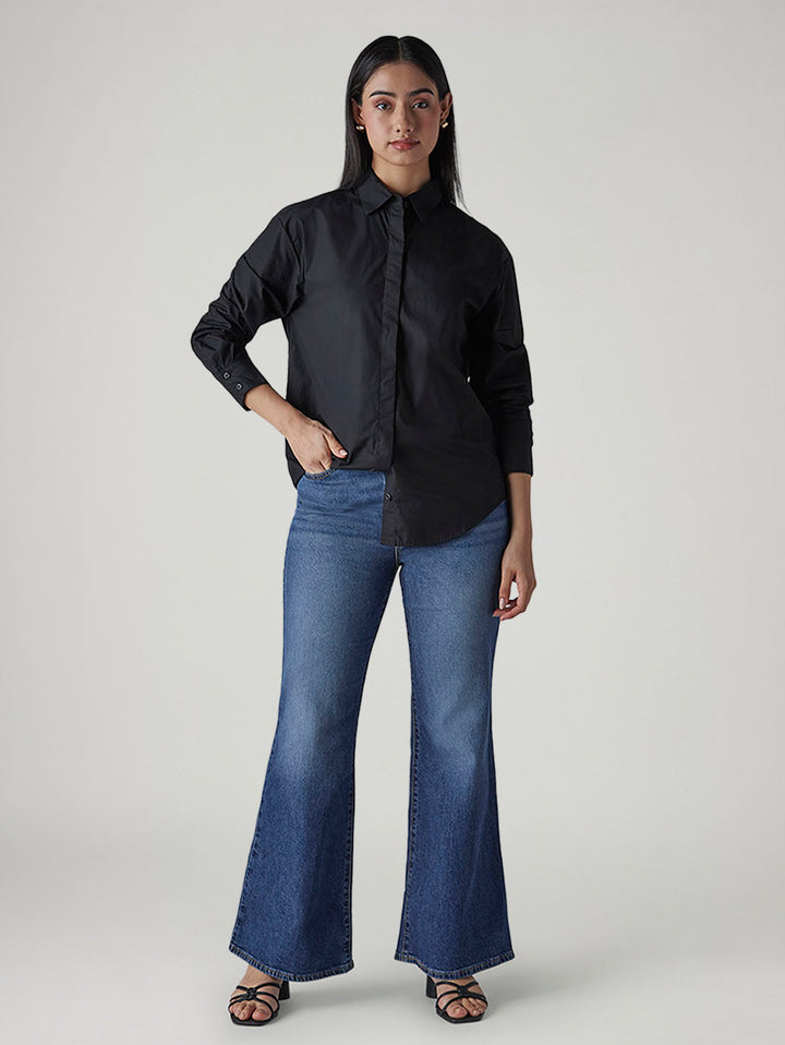 Women's Med Indigo Ribcage Flared Fit High Rise Jeans