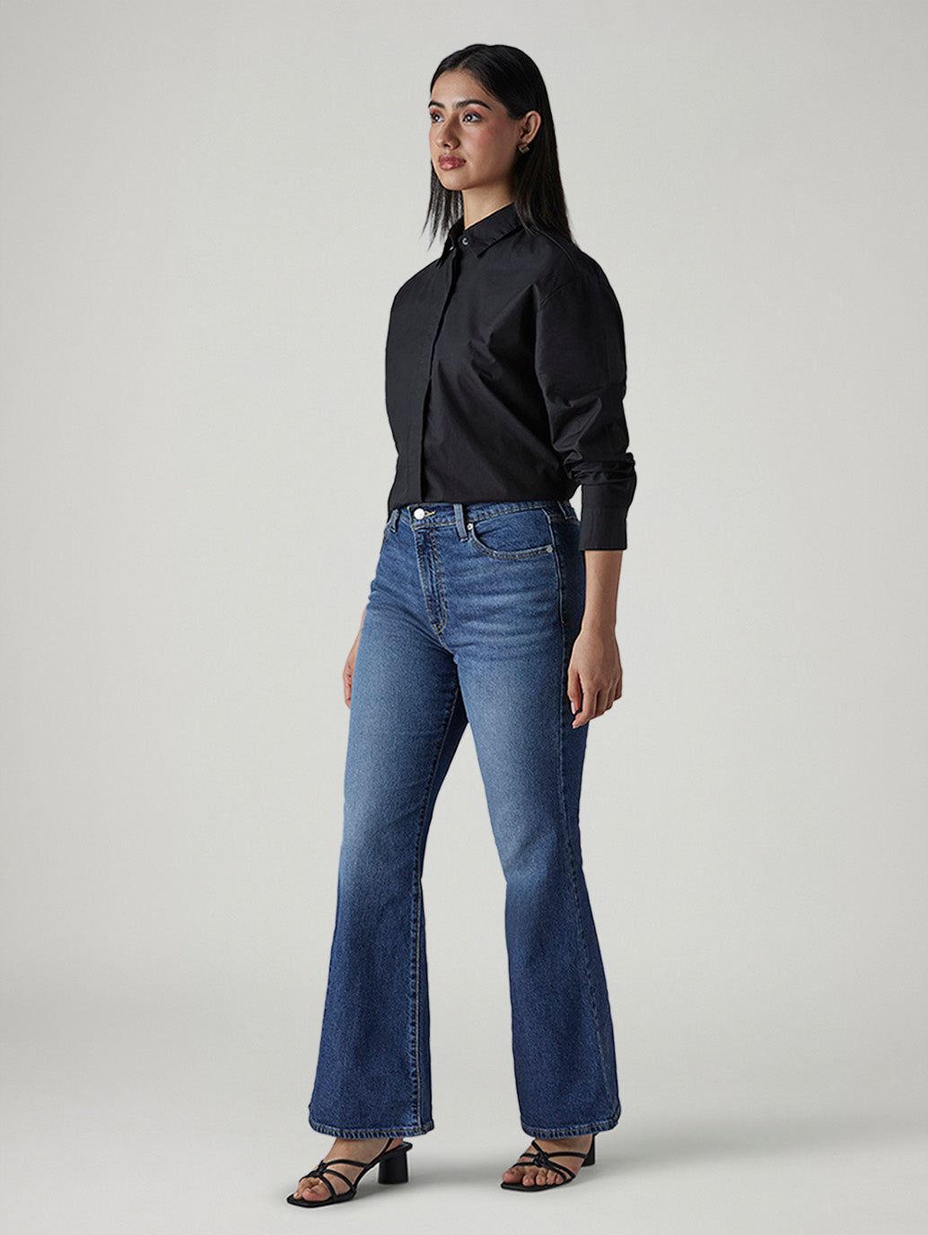 Women's Med Indigo Ribcage Flared Fit High Rise Jeans - Side View