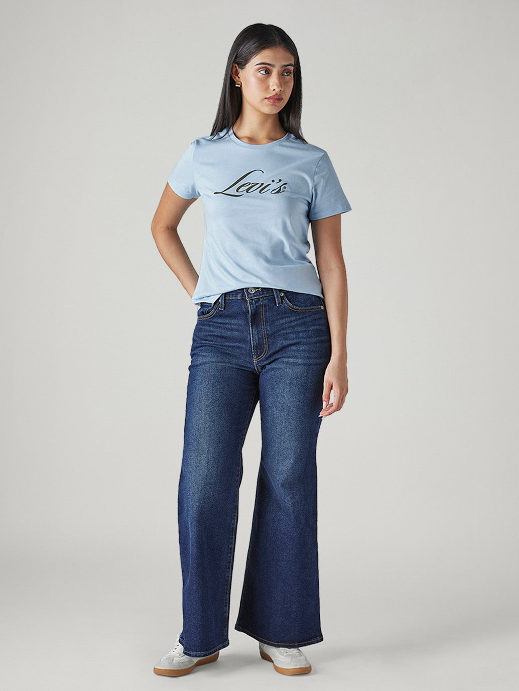 Women's Dark Blue Ribcage Flared Fit High Rise Jeans - Front View
