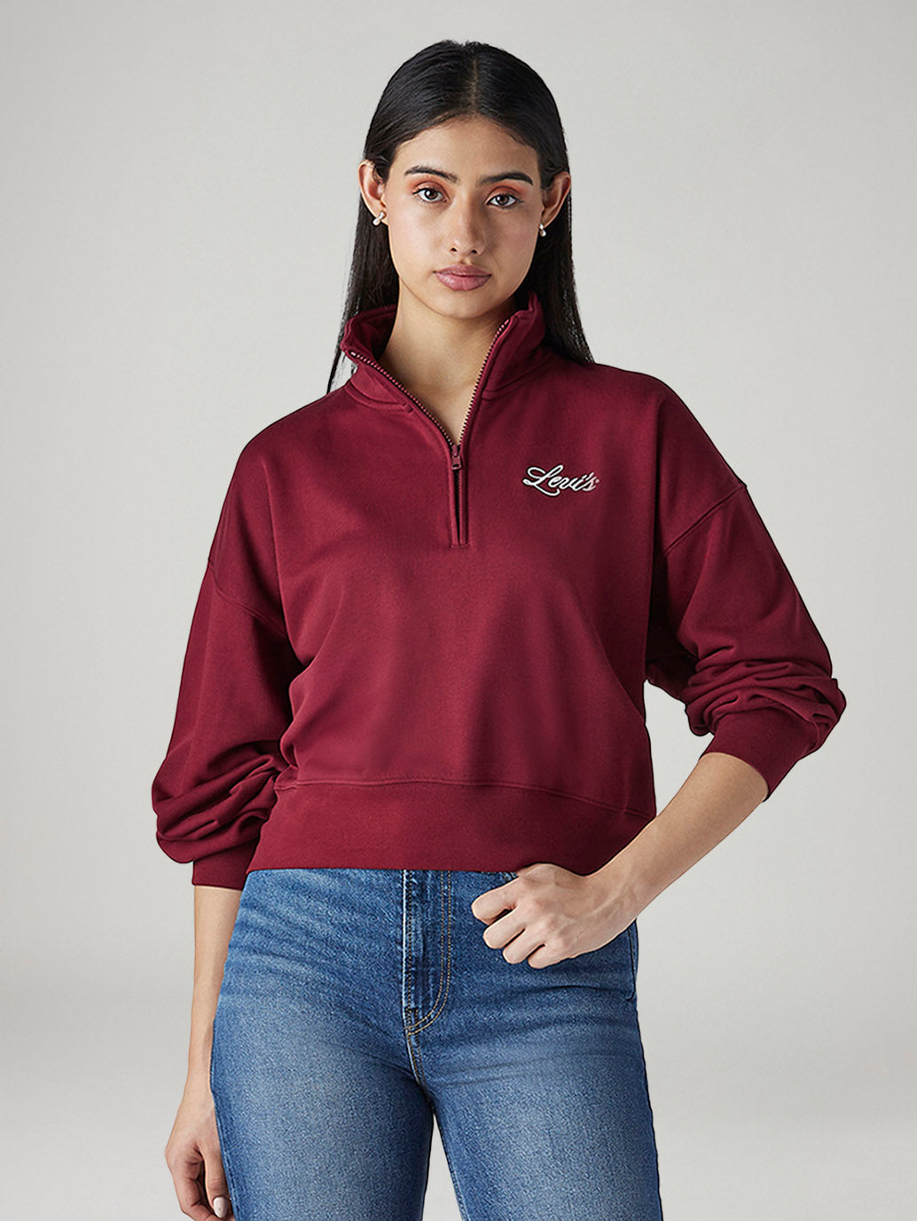 Women's Solid Maroon Mock Neck Sweatshirt