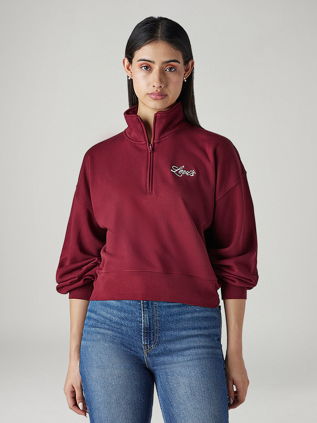 Women's Solid Maroon Mock Neck Sweatshirt - 20 View