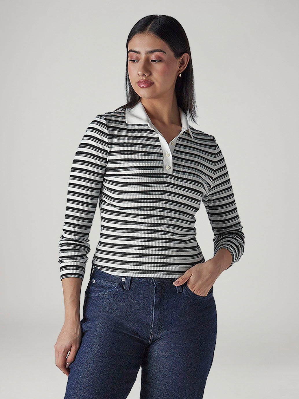 Women's Striped Black Slim Fit Ribbed T-shirt