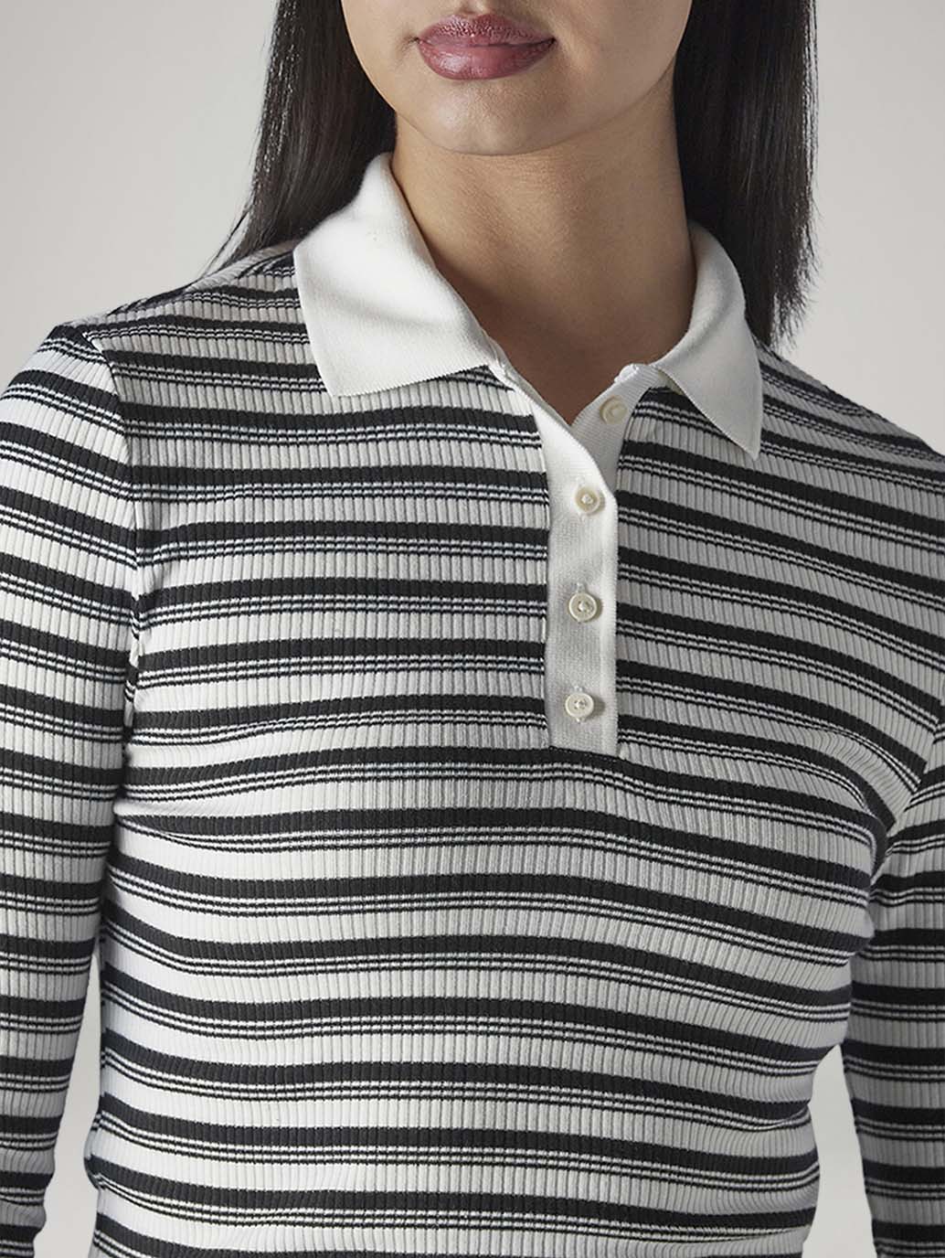 Women's Striped Black Slim Fit Ribbed T-shirt - 20 View