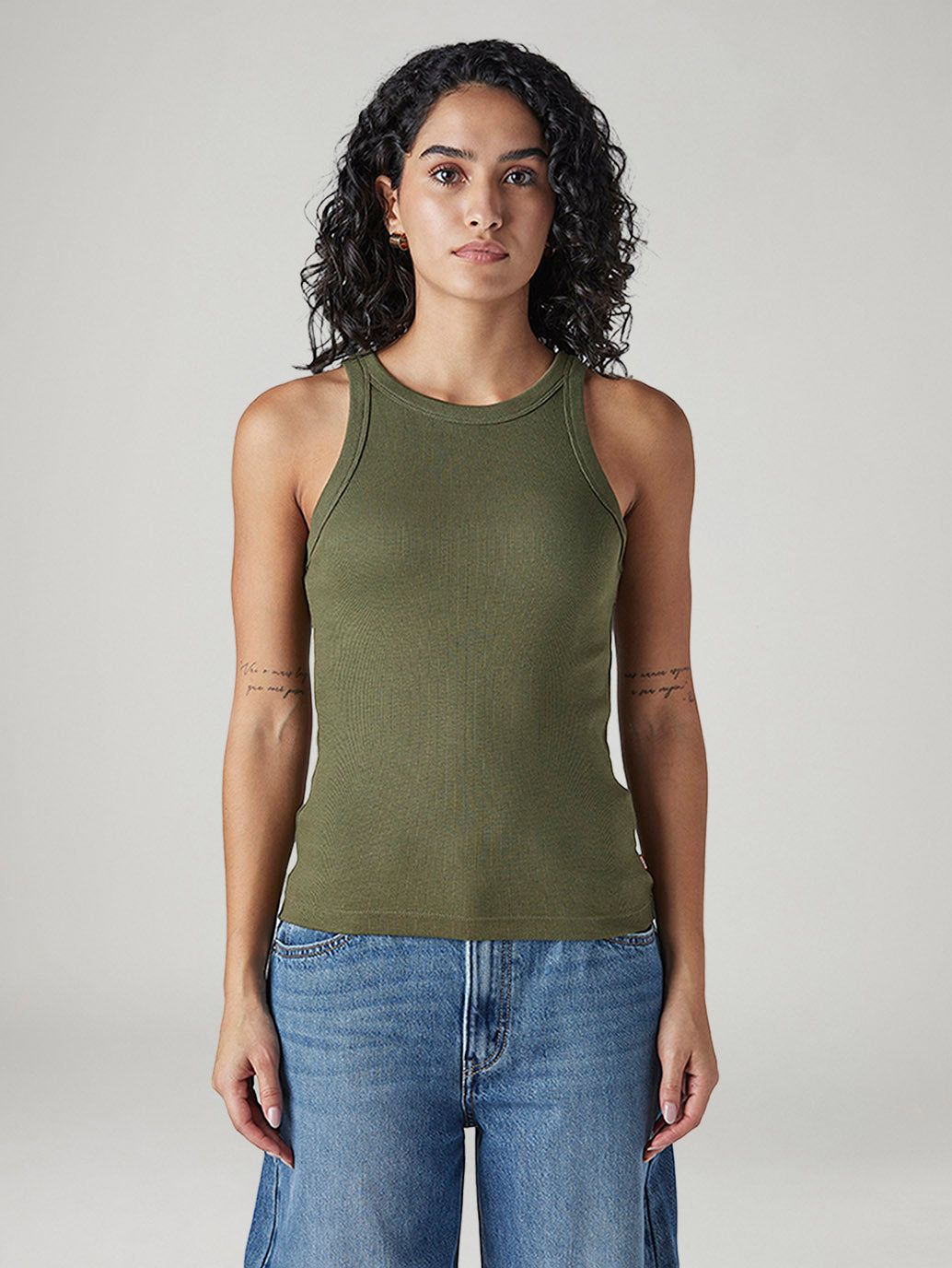 Women's Solid Olive Racer Back Ribbed Top - Front View