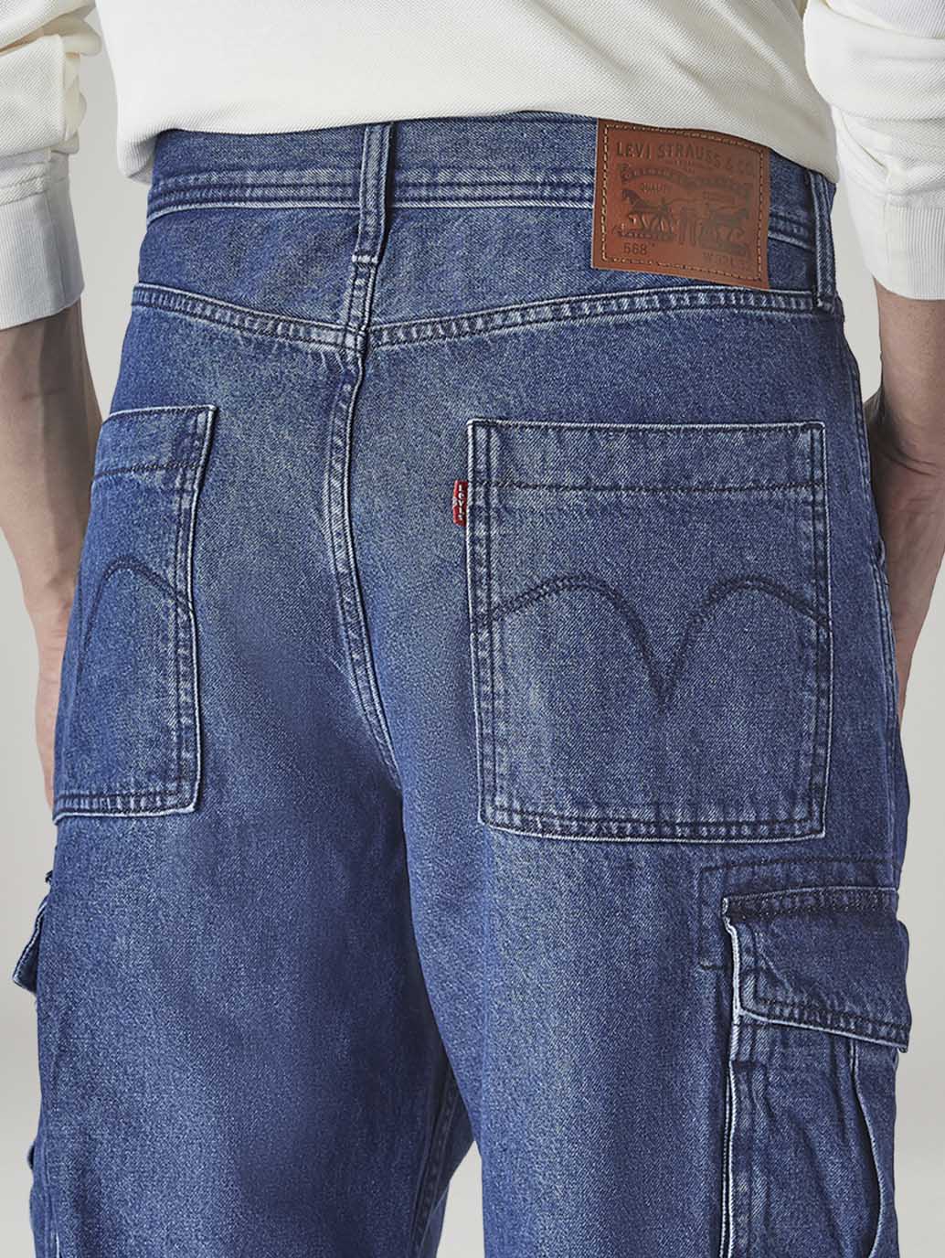 Men's 568 Blue Loose Fit Mid Rise Cargos - Detail View